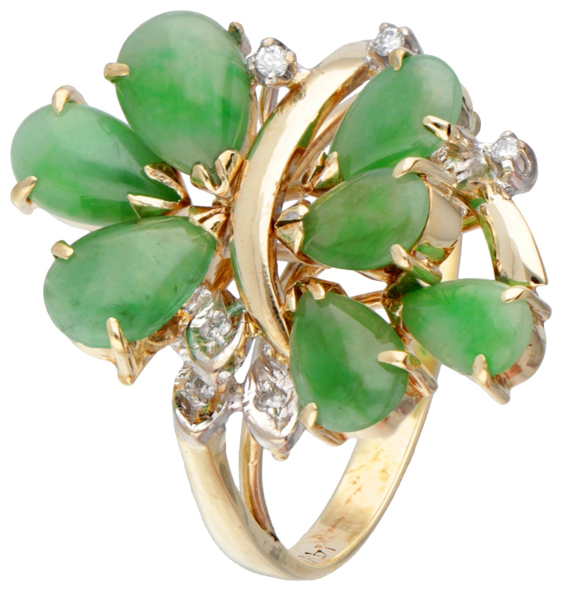 BWG 10 kt. Geelgouden vintage ring bezet met jade en diamant.