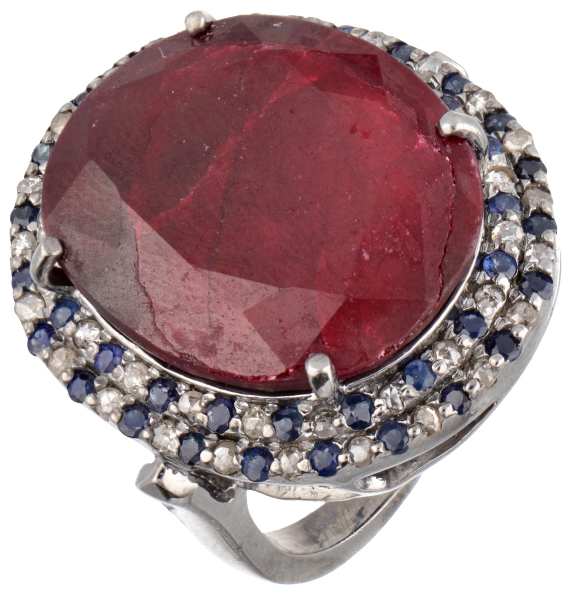 Sterling silver ring set with ruby, sapphire and diamond.