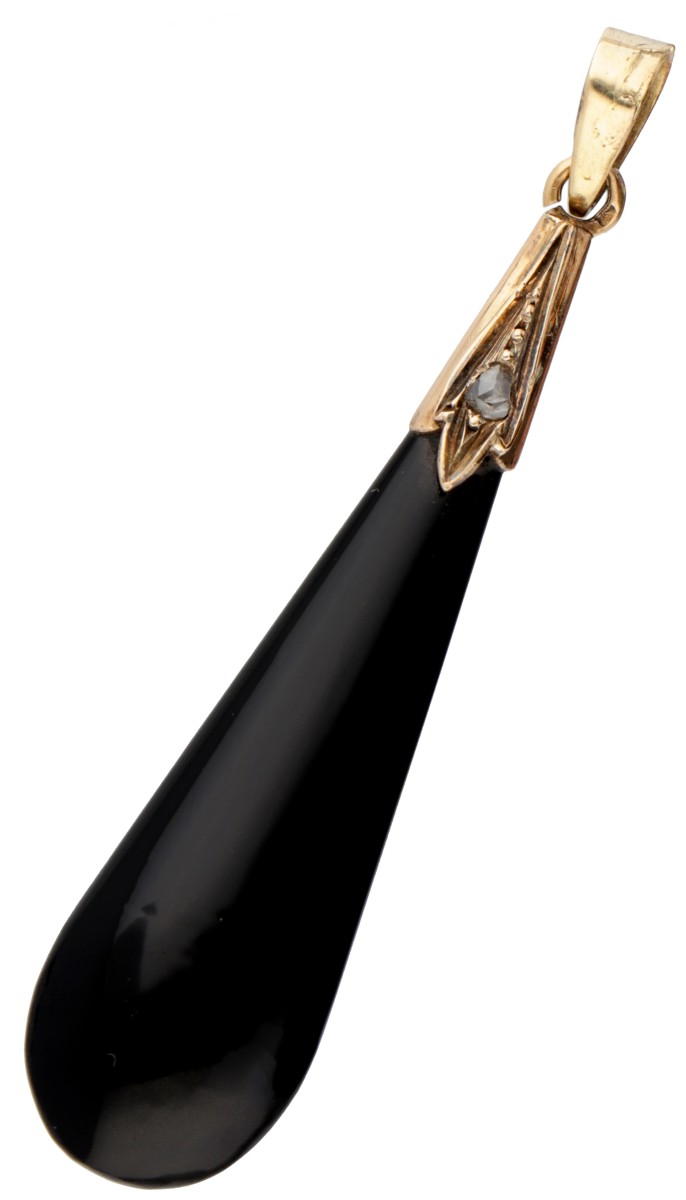 14 kt. Roségouden hanger bezet met een diamant en een zwarte steen.