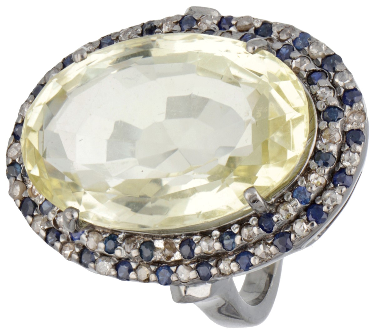 Sterling zilveren ring bezet met citrien, saffier en diamant.