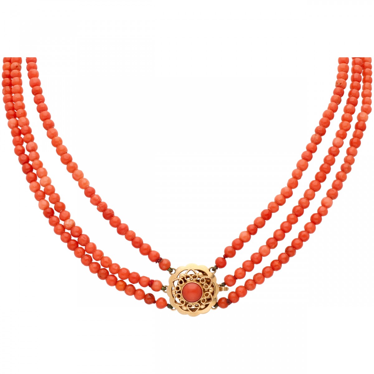 Drierijig bloedkoralen collier met een geelgouden sluiting - 14 kt.