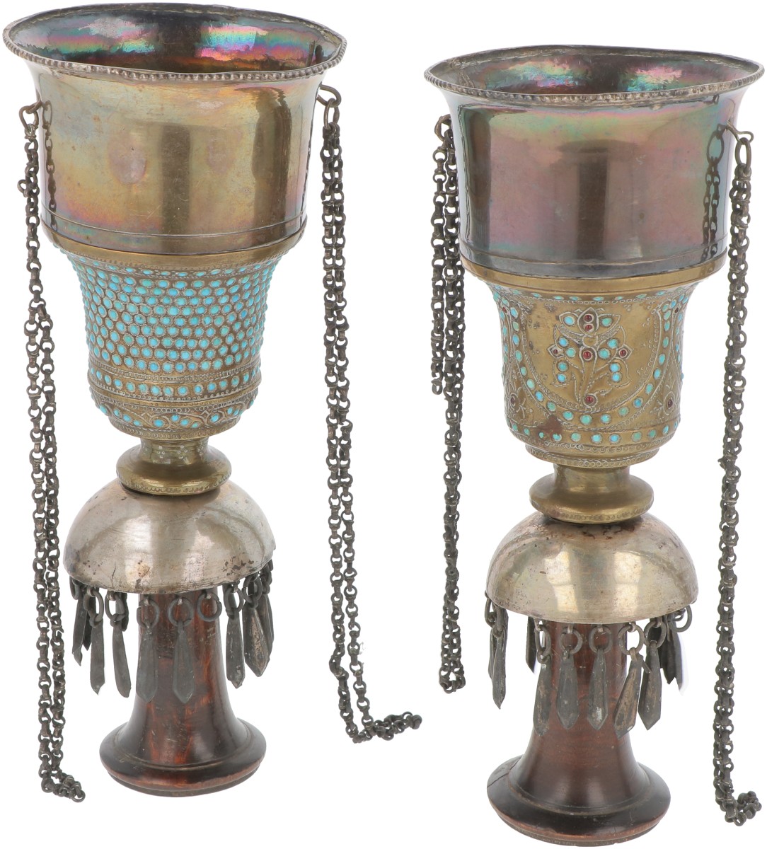 Perzisch Ottomaans zilver & brons waterpijp cup met turquoise BWG