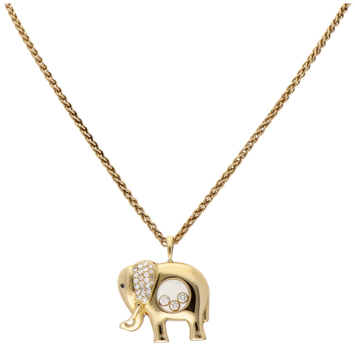 Chopard 18 kt. geelgouden collier en 'Happy Diamond Elephant' hanger bezet met ca. 0.24 ct. diamant.