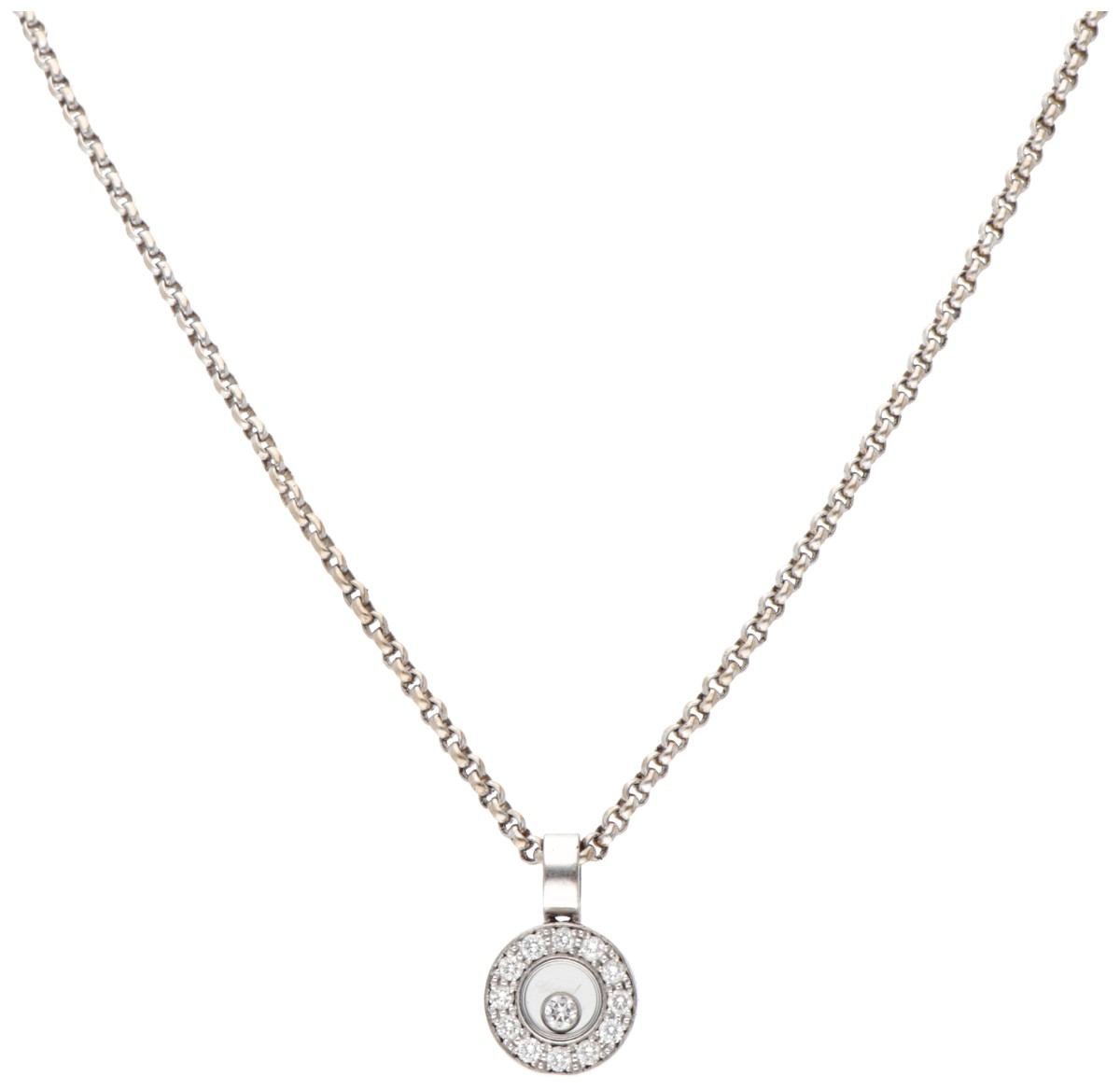 Chopard 'Happy Diamond' 18 kt. witgouden collier en hanger bezet met ca. 0.15 ct. diamant.