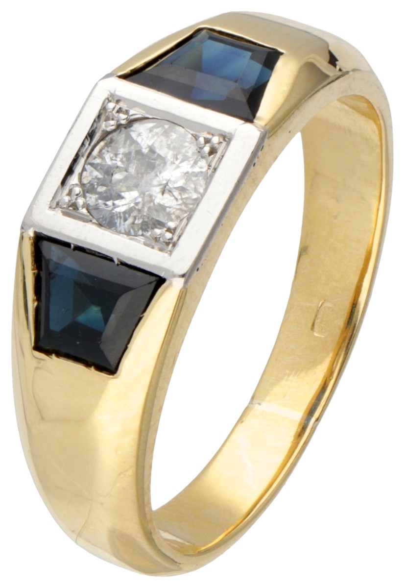 14 kt. Geelgouden ring bezet met ca. 0.38 ct. diamant en natuurlijke saffier.