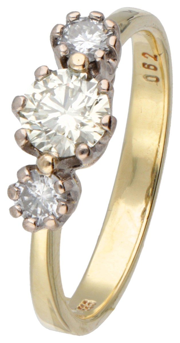 14 kt. Geelgouden 3-steens ring bezet met ca. 0.81 ct. diamant.