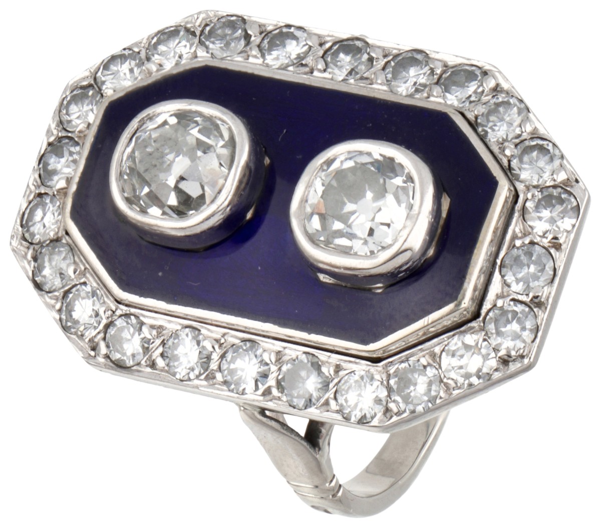 18 kt. Witgouden en Pt 900 platina art deco ring bezet met ca. 2.25 ct. diamant en blauwe emaille.