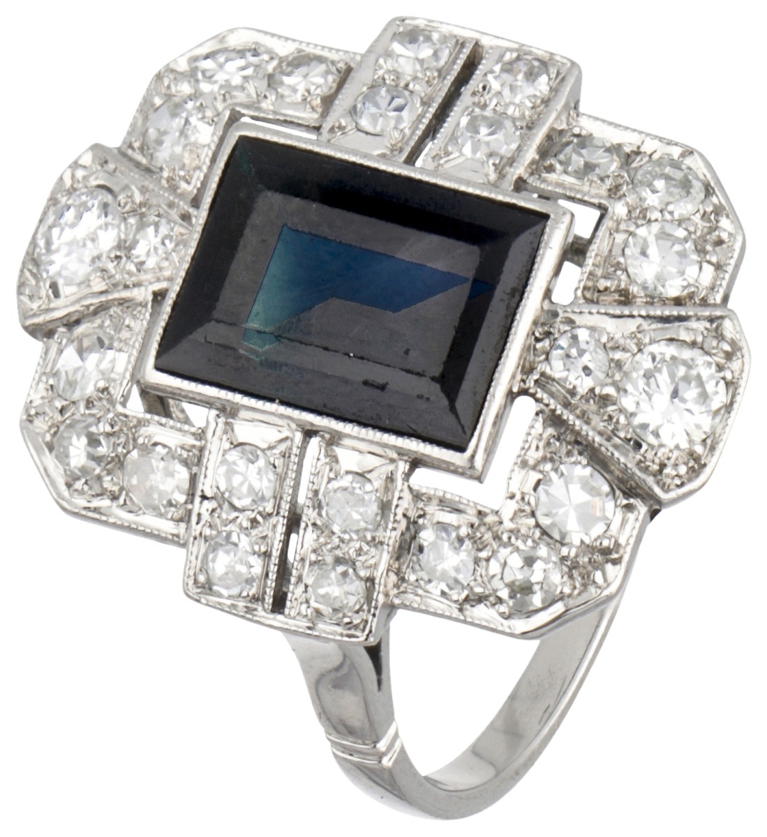 Pt 900 Platina art deco ring bezet met ca. 2.35 ct. natuurlijke saffier en ca. 0.70 ct. diamant.