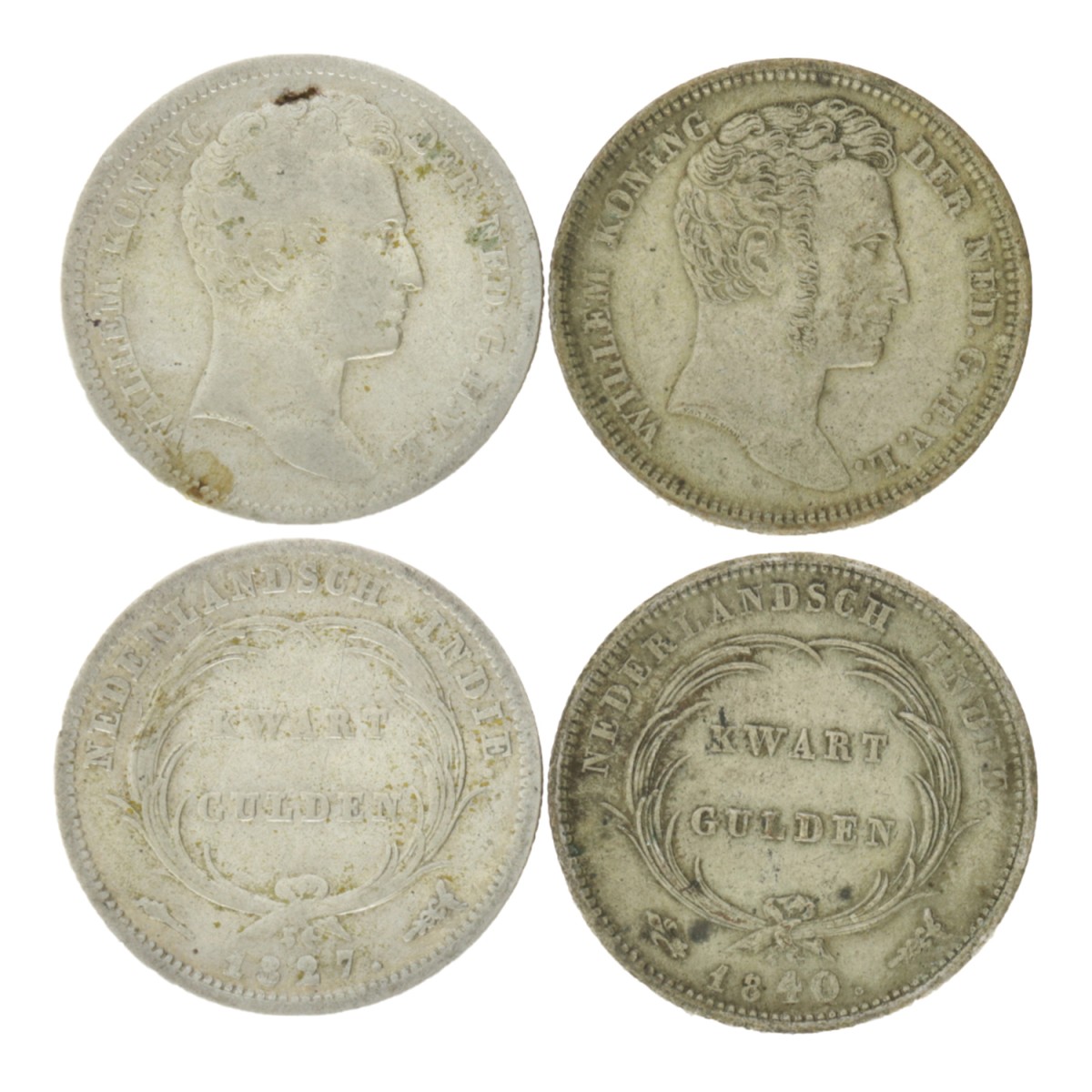 Lot (2) ¼ Gulden. Willem I. 1827 en 1840. Gemiddeld Zeer Fraai.