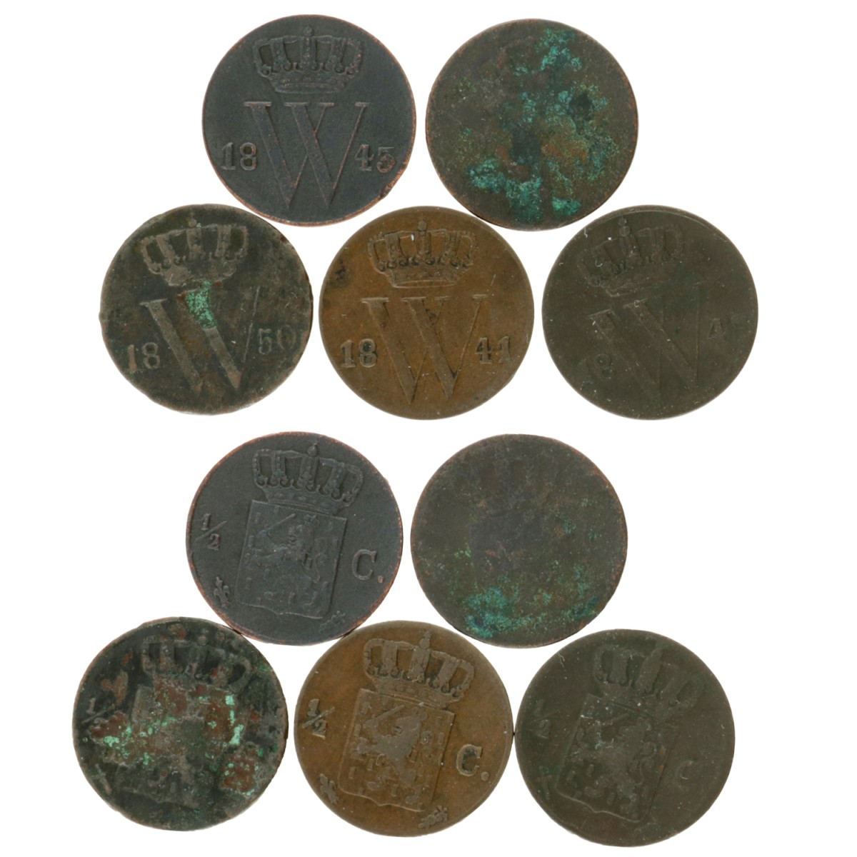 Lot (5) ½ Cent. Willem I. 1841 tot 1850. Gemiddeld Zeer Fraai.
