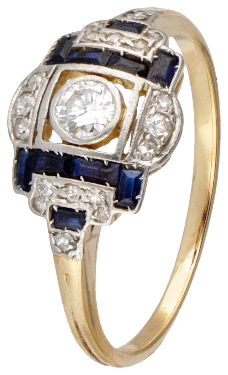 14 kt. Geelgouden art deco ring bezet met ca. 0.26 ct. diamant en saffier.