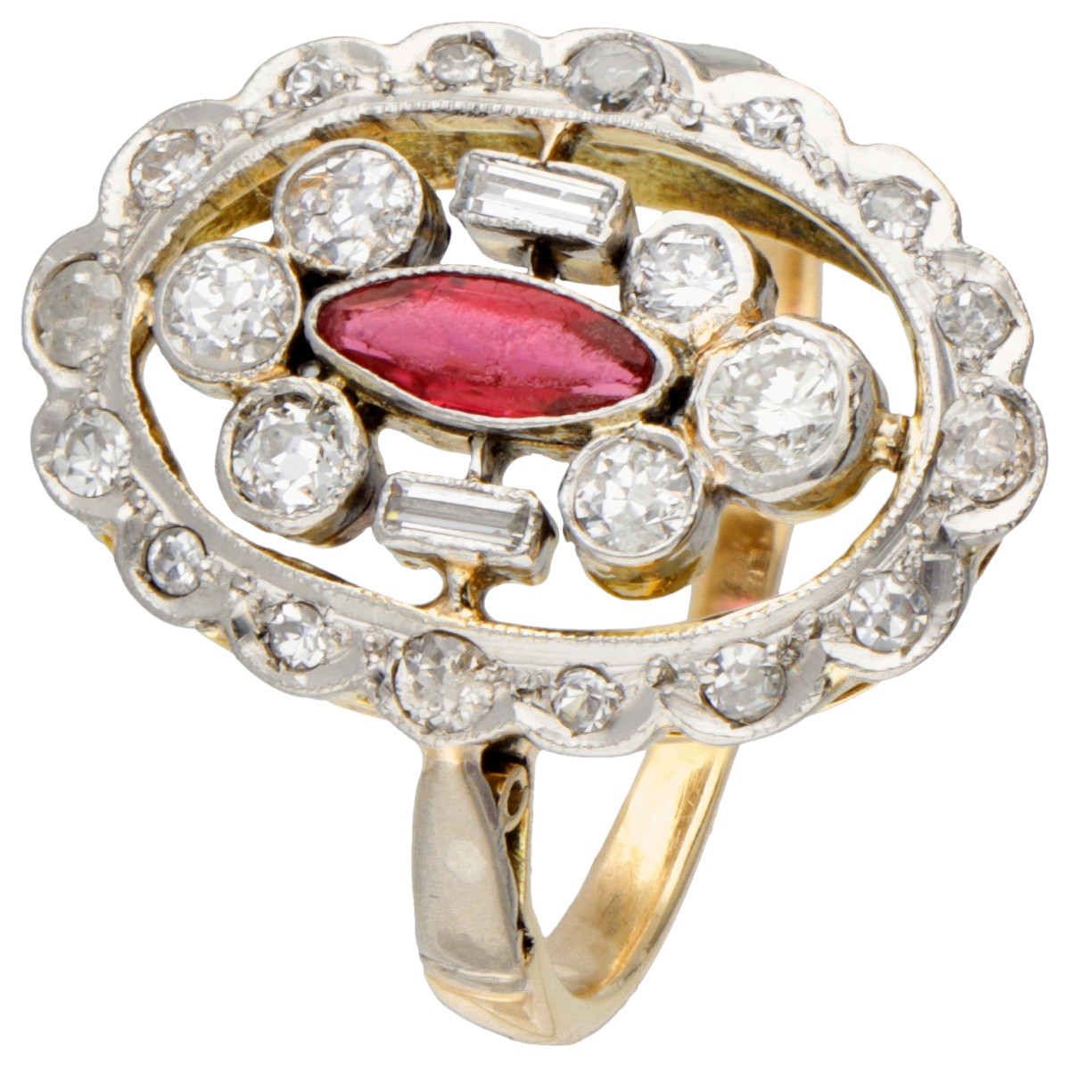 14 kt. Bicolor gouden art deco ring bezet met ca. 0.44 ct. diamant en glasgranaat.