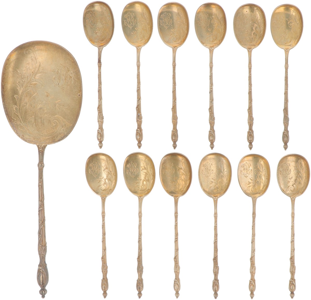 (12) delige set ijslepels & ijsschep zilver.