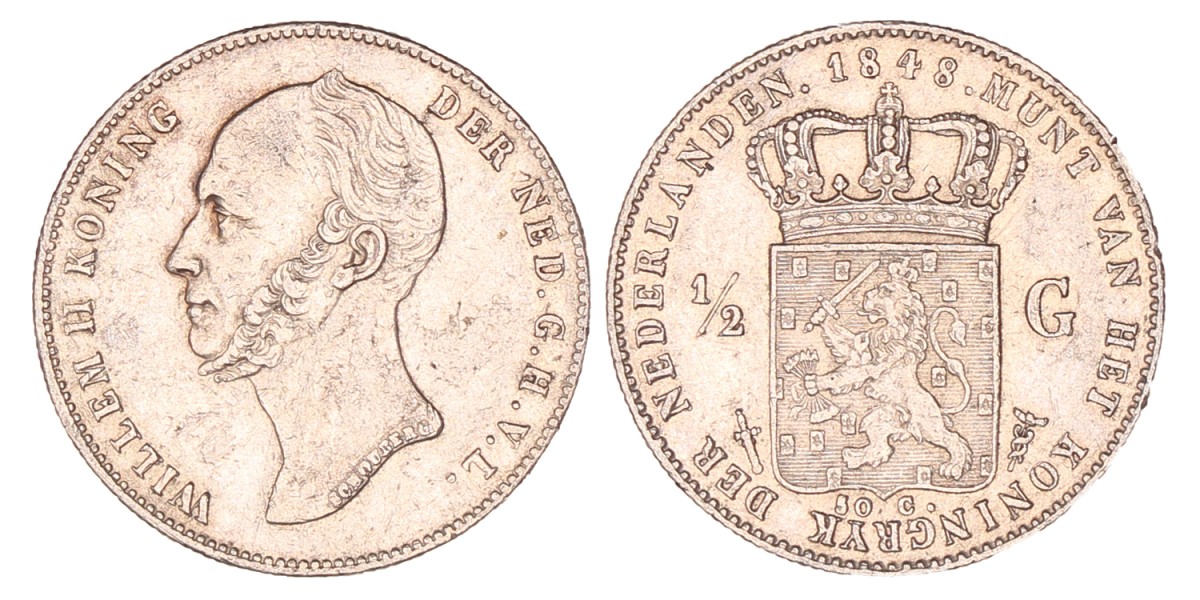 VERWIJDEREN UIT DROP ½ Gulden. Willem II. 1848. Zeer Fraai / Prachtig.