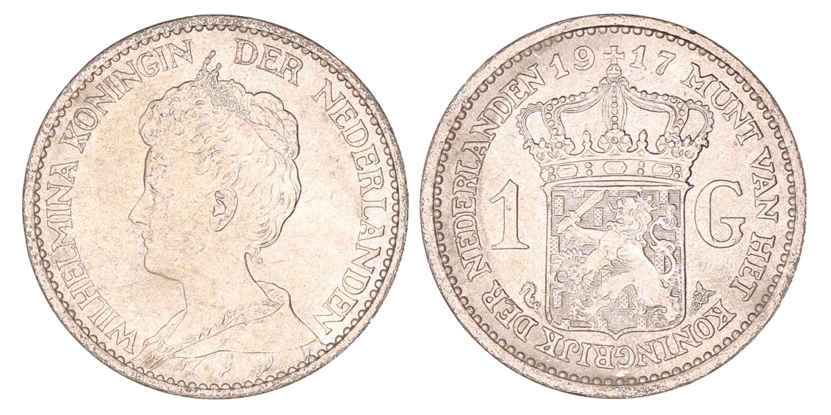 1 Gulden. Wilhelmina. 1917. Prachtig.