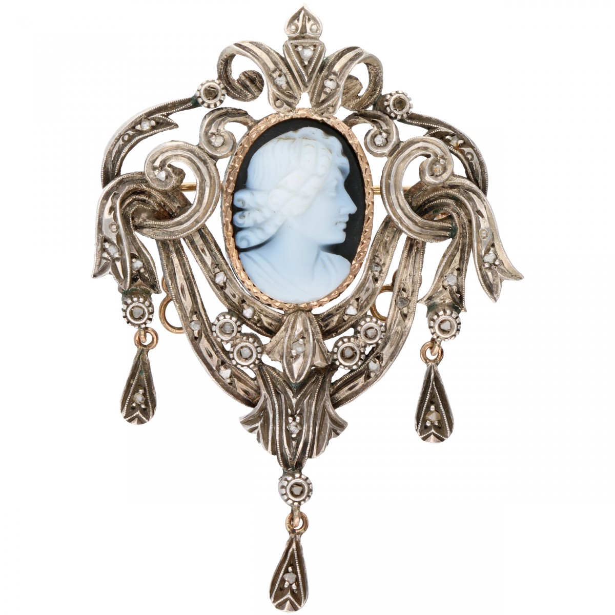 Antieke geelgouden/zilveren sierlijke broche met een agaten cameé en diamant - 18 kt.