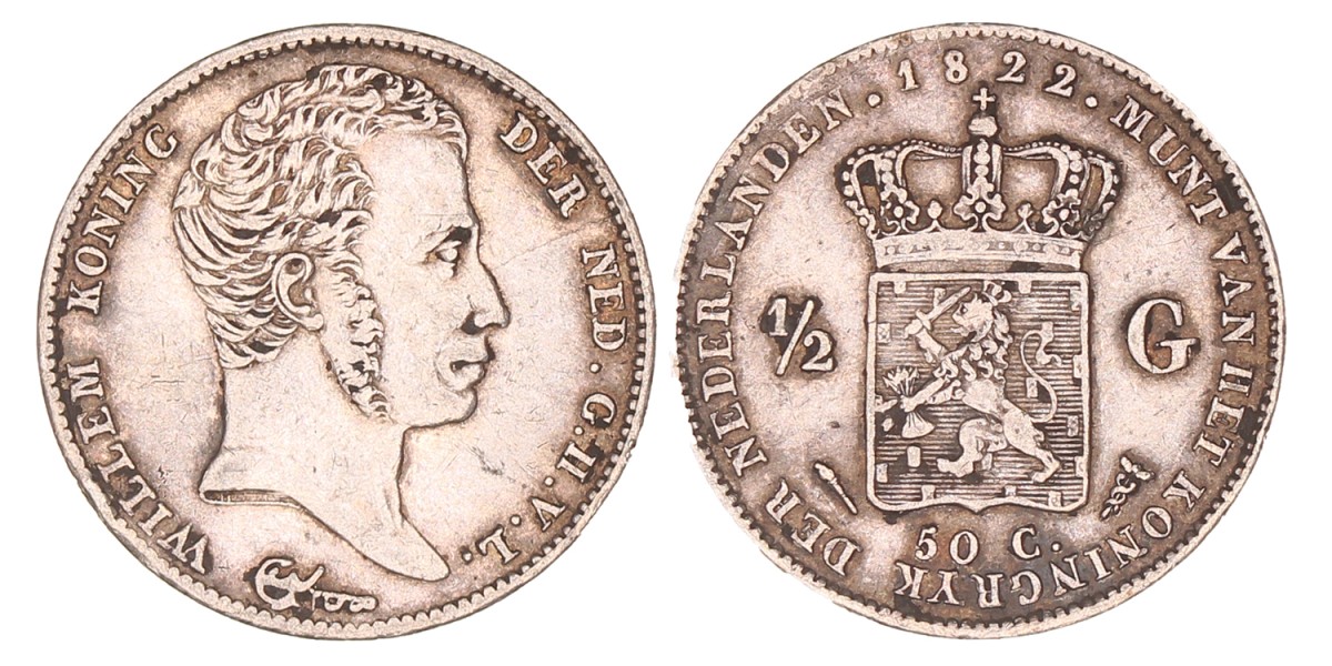 ½ Gulden. Willem I. 1822 U zonder volledige naam van Michaut. Zeer Fraai / Prachtig.