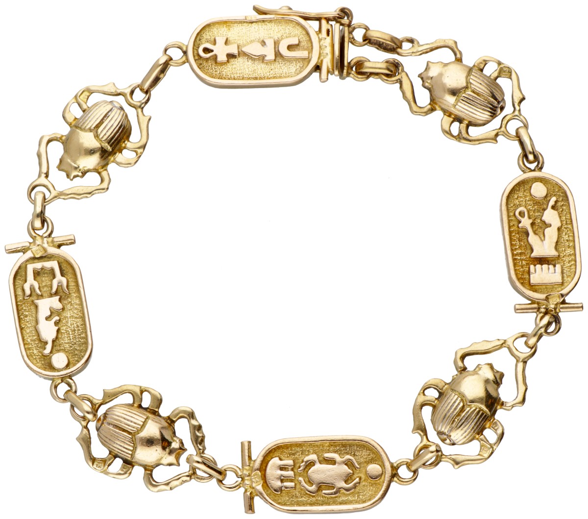 14 kt. Geelgouden Revival armband met hiëroglyfen en scarabeeën.