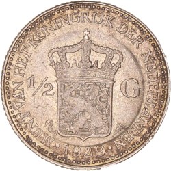 ½ Gulden met de voorzijde van de jongere Wilhelmina erop geperst. 1929. Zeer Fraai +.