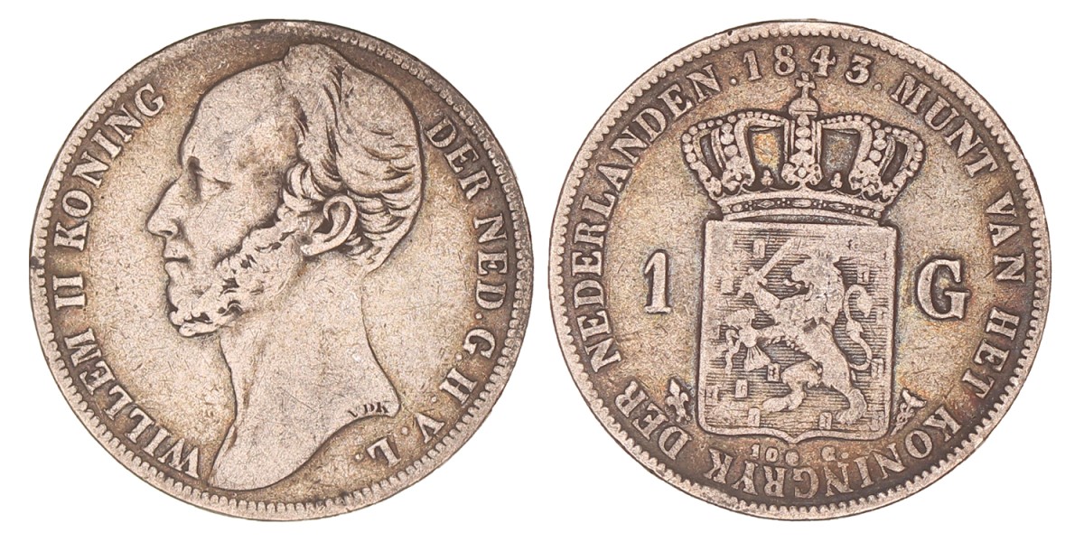 1 Gulden. Willem II. 1843. Zeer Fraai -.