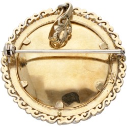 14 kt. Geelgouden Victoriaanse stijl hanger/broche met handgeschilderde dame en zaadparels.