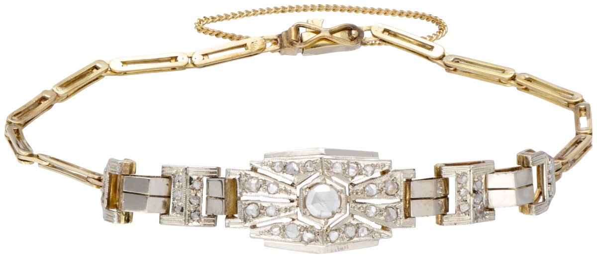 14 kt. Bicolor gouden art deco armband bezet met roos geslepen diamanten.