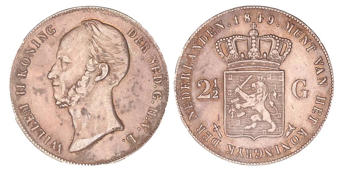 2½ Gulden. Willem II. 1849. Zeer Fraai +.