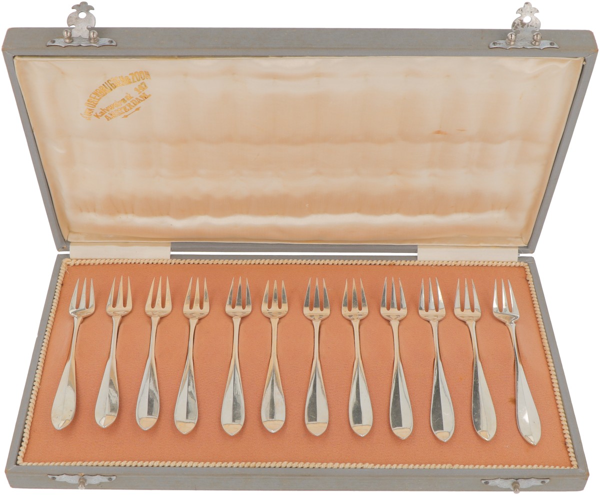 (12) delige set gebaksvorkjes zilver.