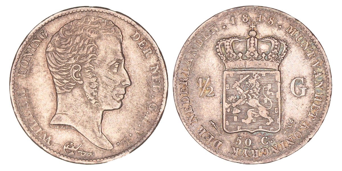 ½ Gulden. Willem I. 1818 U. Zeer Fraai +.