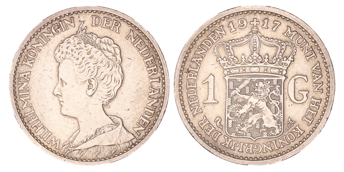 1 Gulden. Wilhelmina. 1917. Zeer Fraai / Prachtig.