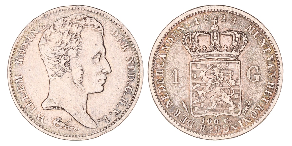 1 Gulden. Willem I. 1824 U met streep. Zeer Fraai.