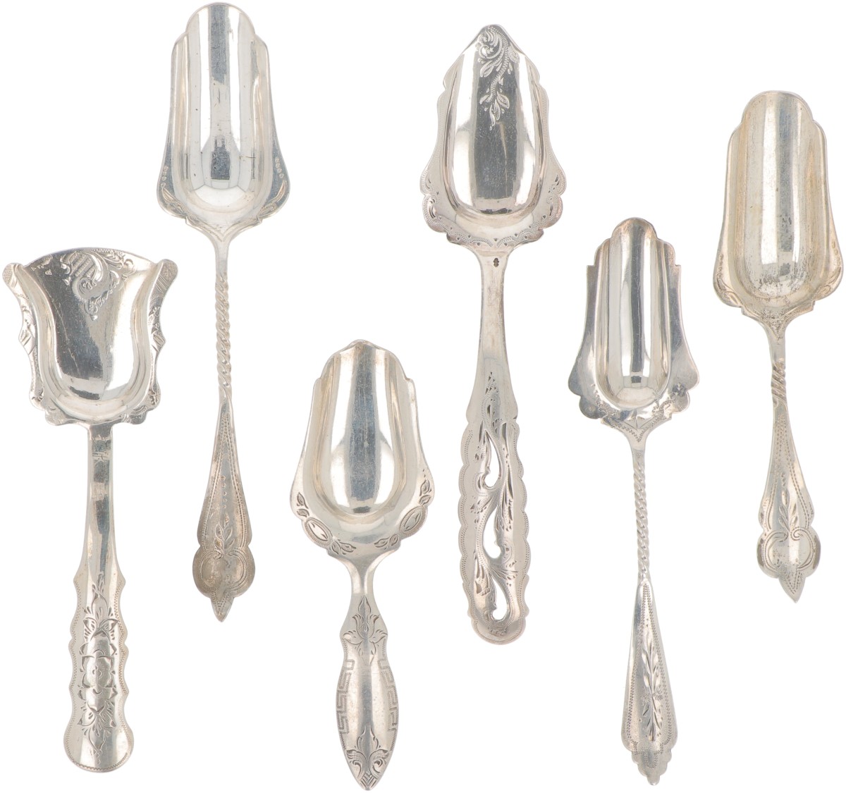 (6) delig lot suikerschepjes zilver.