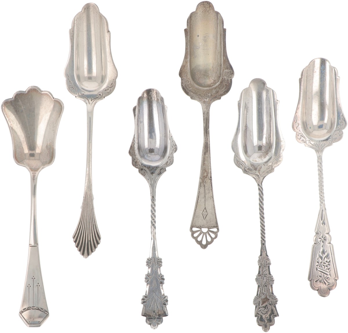 (6) delig lot suikerschepjes zilver.