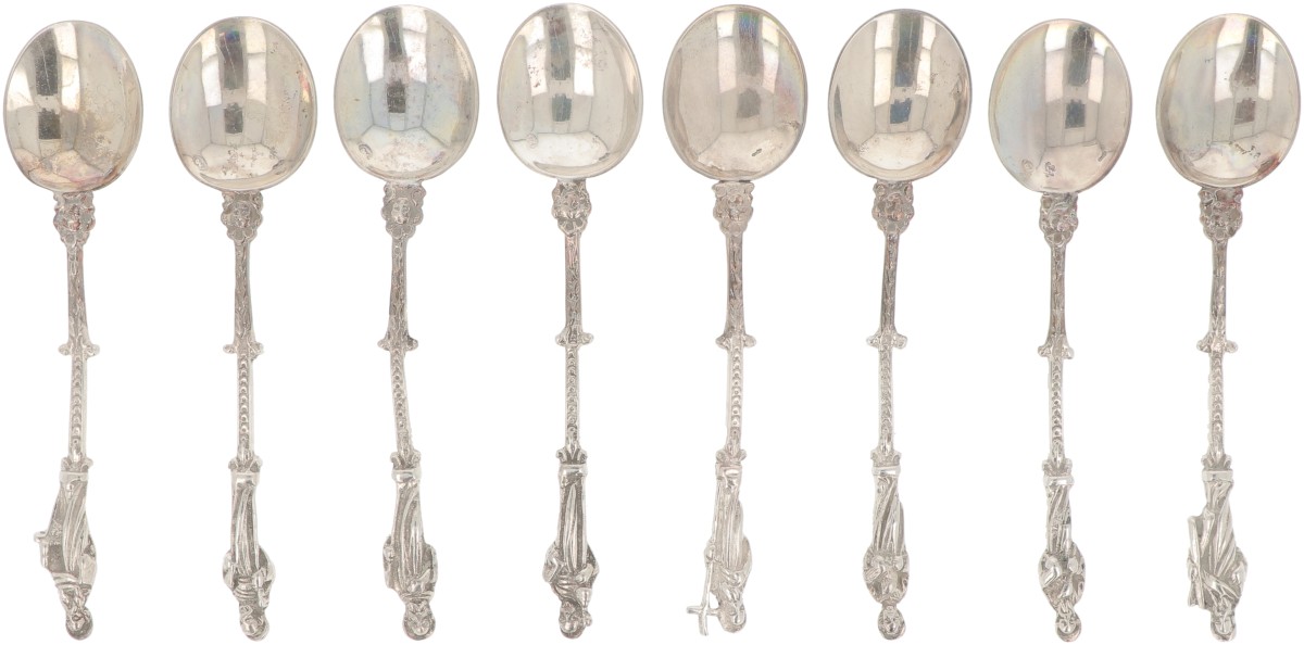 (8) delige set apostel theelepeltjes zilver.