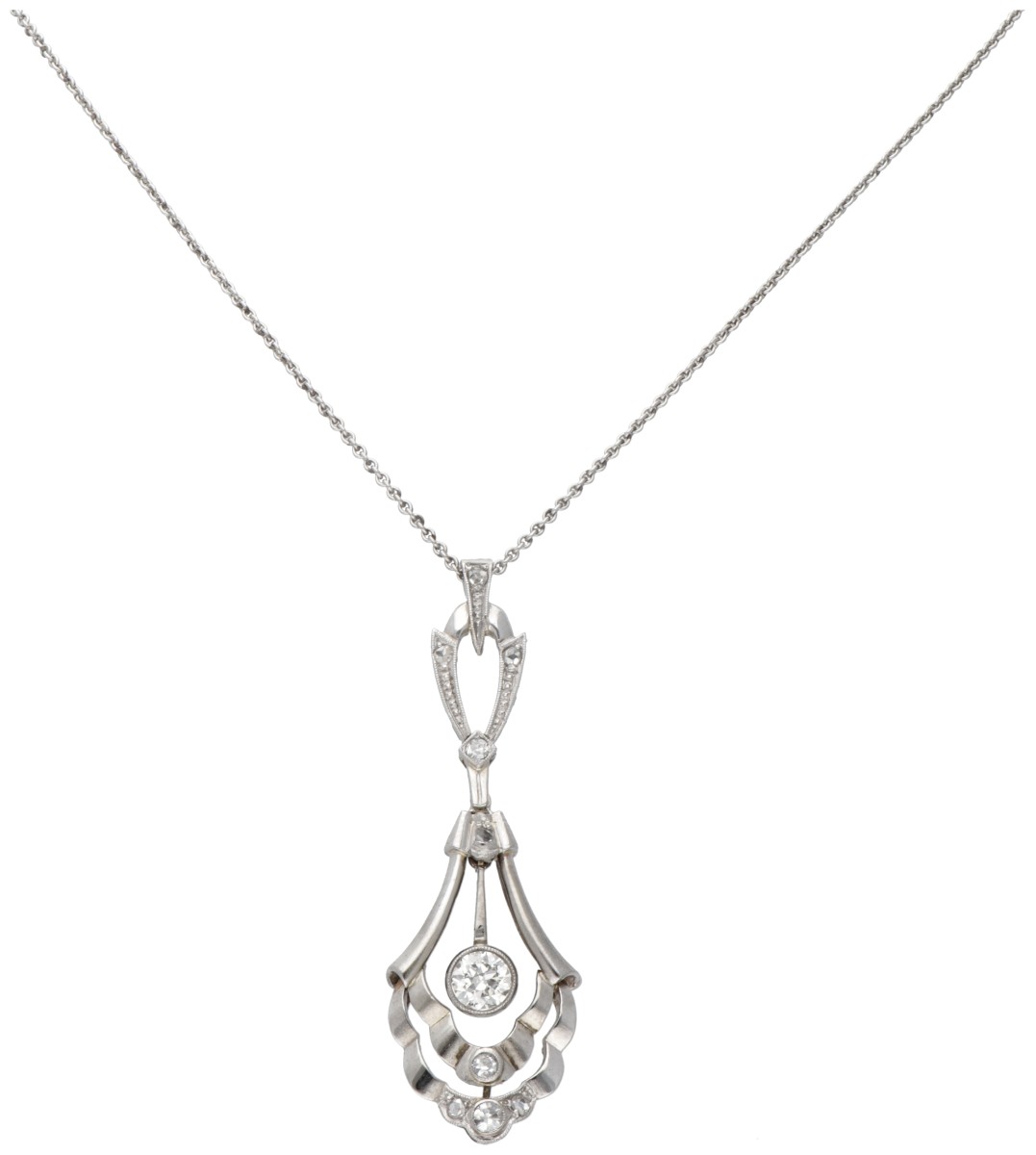 14 kt. Witgouden art deco collier en hanger bezet met ca. 0.40 ct. diamant.