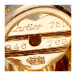 Vintage Cartier 'Constellation' 18 kt. geelgouden clipoorbellen bezet met ca. 0.16 ct. diamant, robijn en saffier.