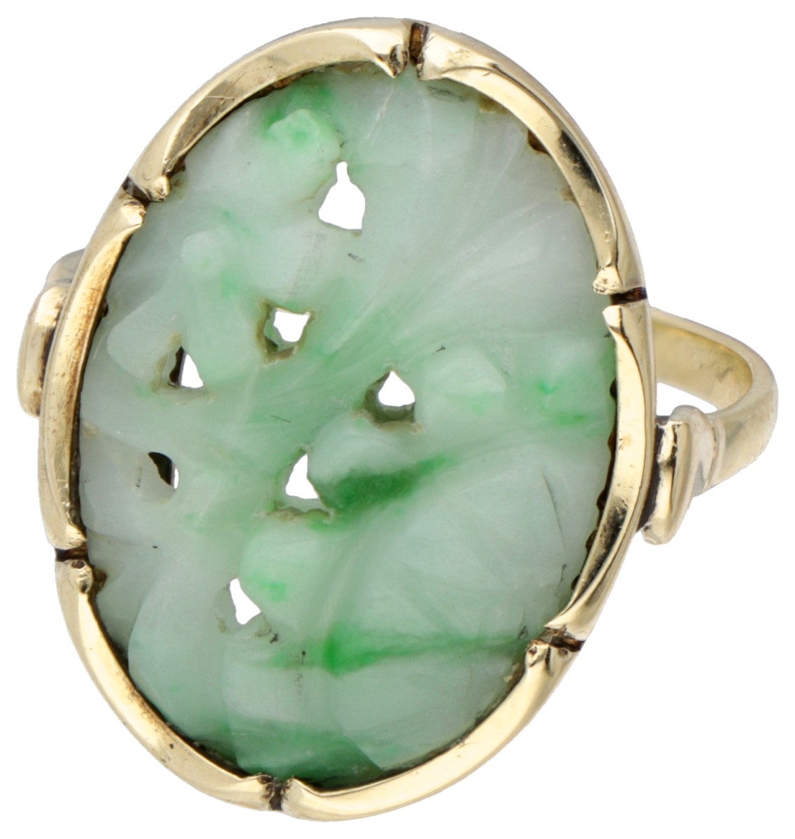 14 kt. Geelgouden vintage ring bezet met gesneden jade.