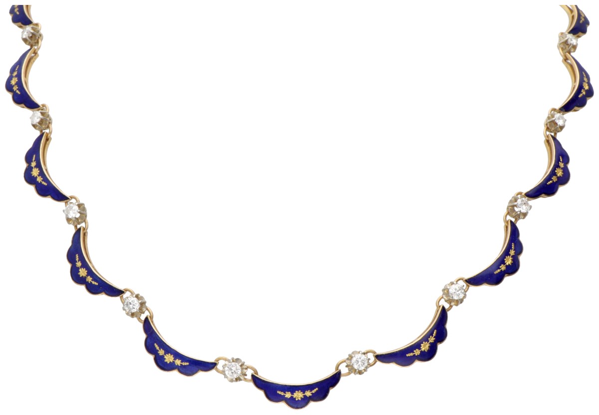 14 kt. Geelgouden vintage collier bezet met ca. 1.62 ct. diamant en blauwe emaille.