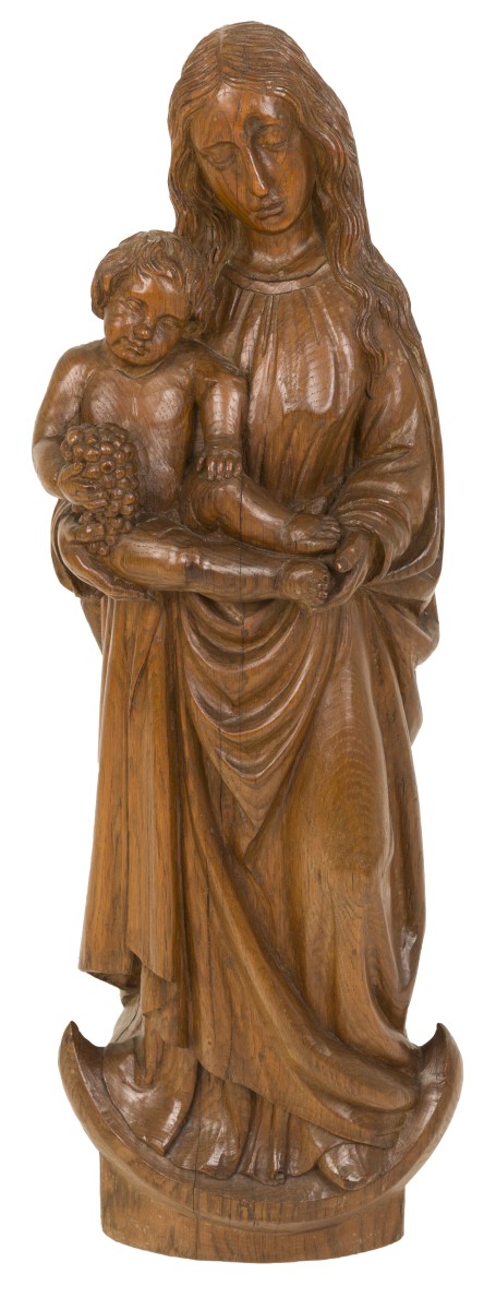 Een eikenhouten beeld voorstellende Madonna met kind, Duitsland, 17e / 18e eeuw.