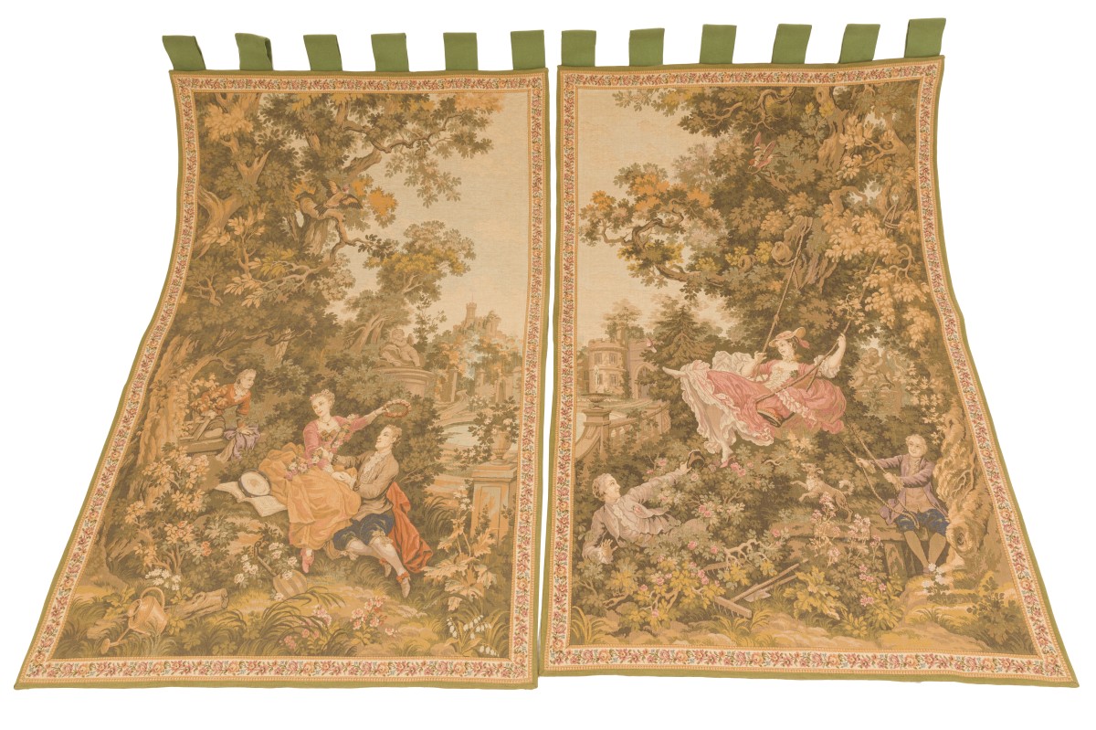 Een lot van (2) Gobelin wandtapijten naar Jean-Honoré Fragonard (1732 - 1806), Frankrijk, 20e eeuw.