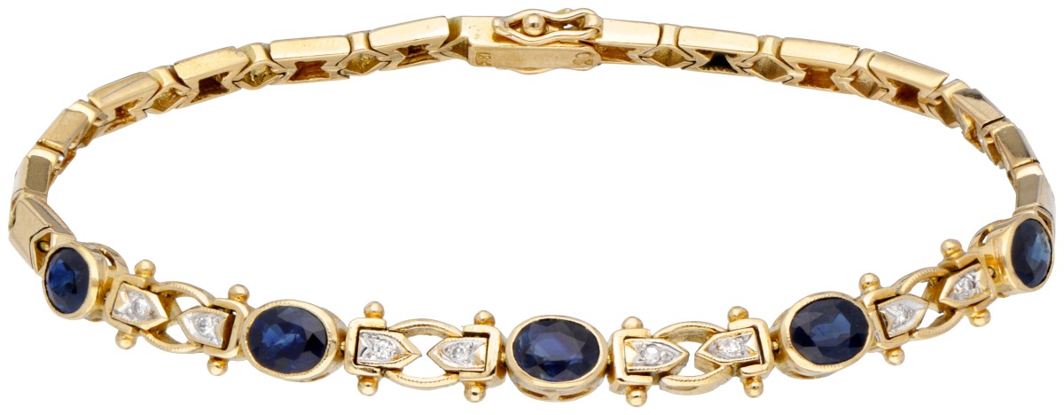 18 kt. Geelgouden armband bezet met ca. 2.15 ct. natuurlijke saffier en ca. 0.04 ct. diamant.