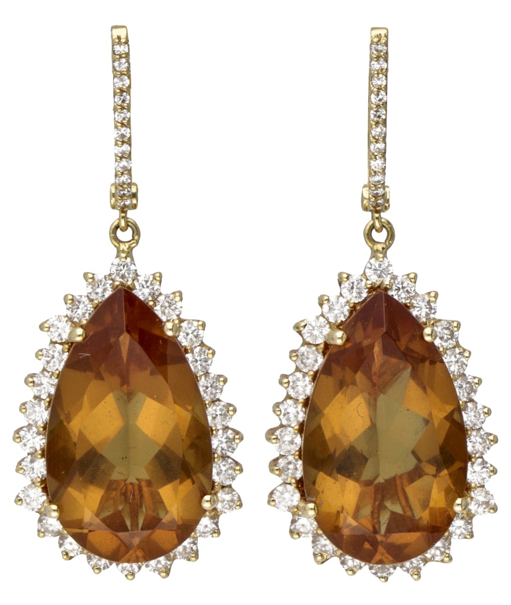 18 kt. Geelgouden Mimoza cocktail oorbellen bezet met ca. 1.67 ct. diamant en kleursteen.
