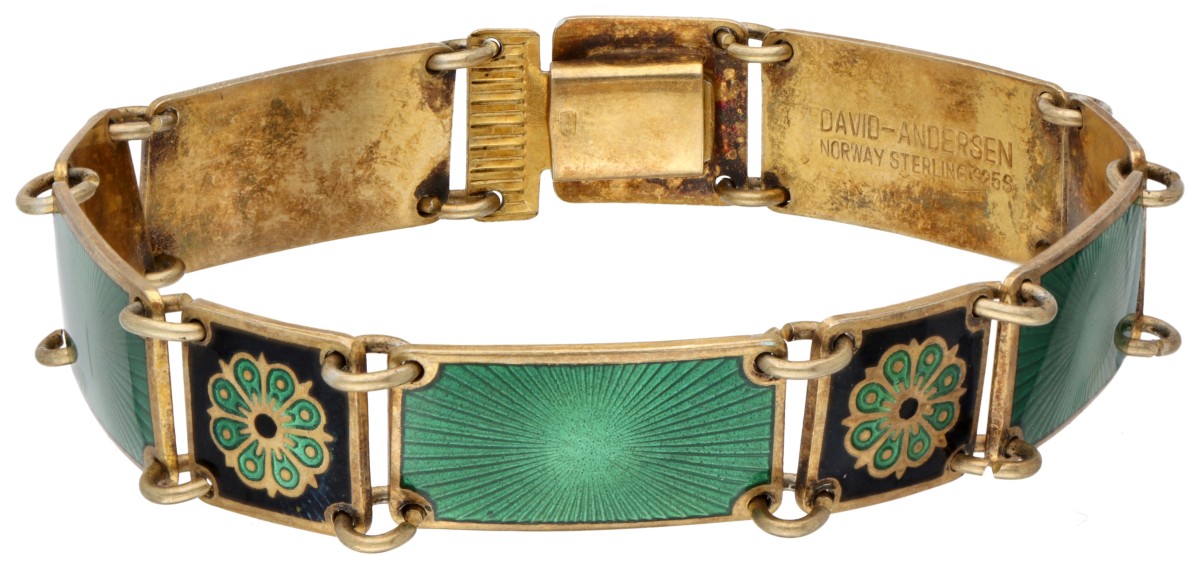 Vergulde 835 zilveren vintage armband met guilloche emaille door David Andersen.