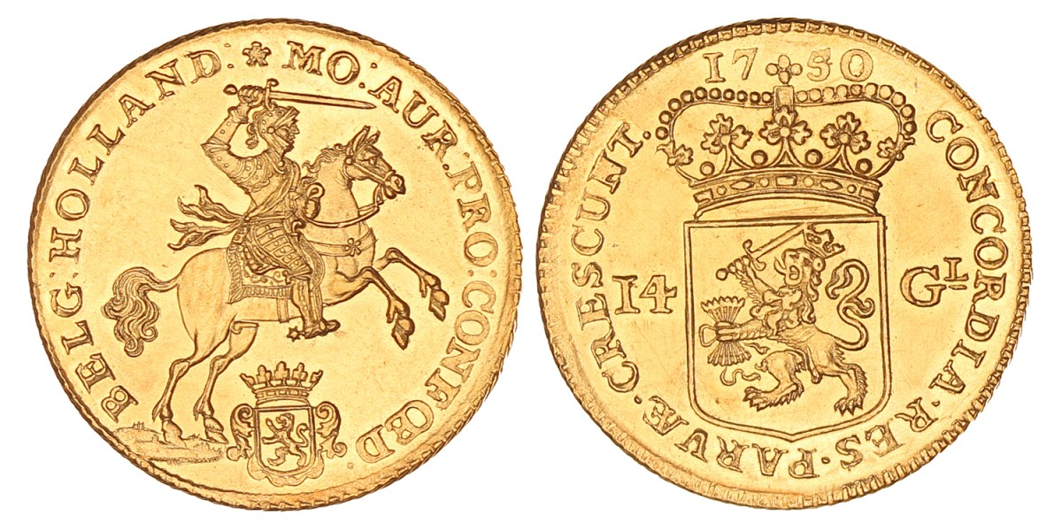 Gouden rijder van 14 gulden. Holland. 1750. FDC.