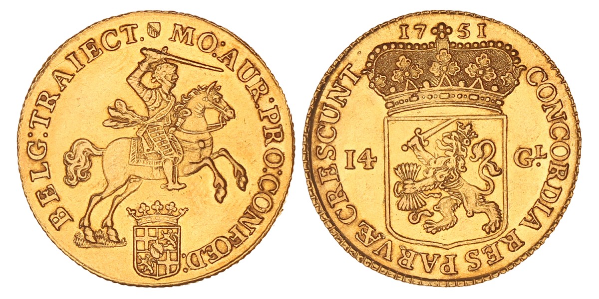 Gouden rijder van 14 gulden. Utrecht. 1751. Prachtig -.