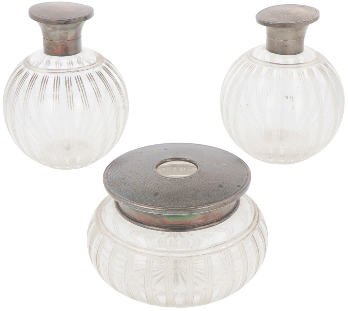 (3) delige set kaptafel flacons zilver.