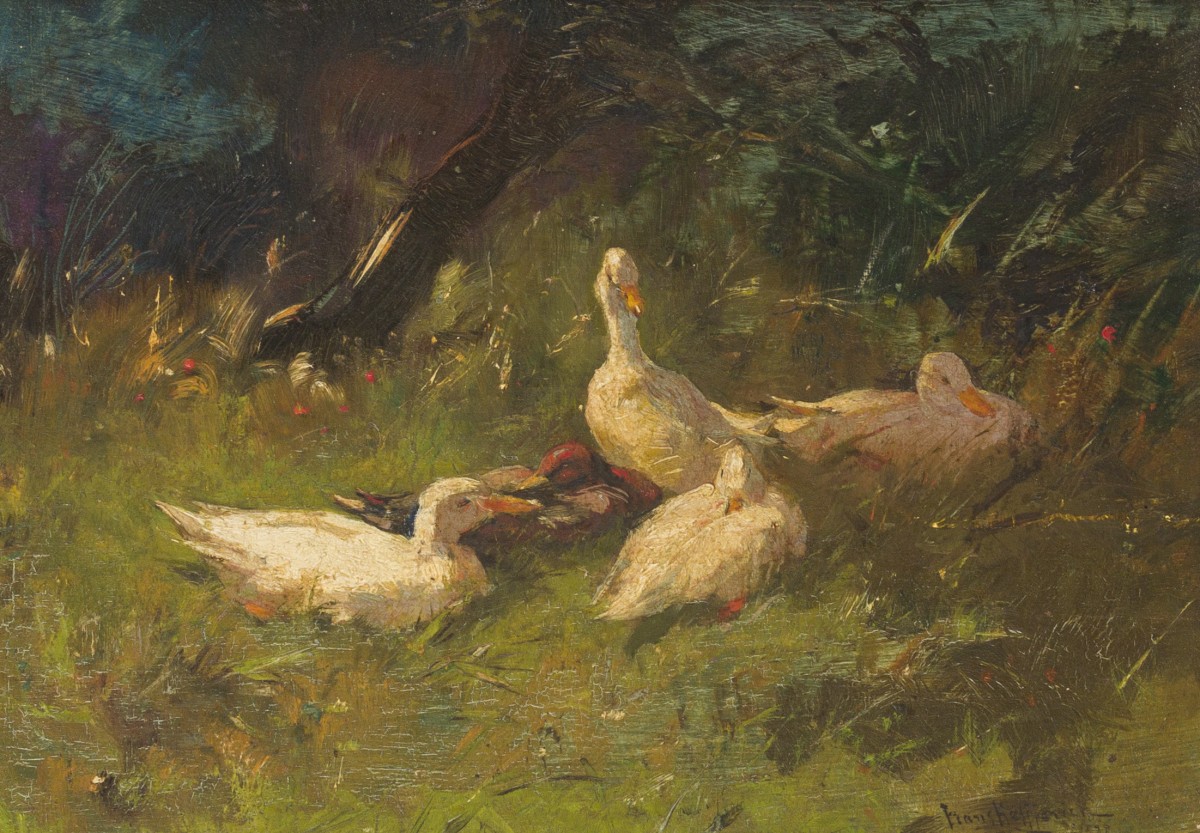 Frans Helfferich (The Hague 1871 - 1945), A duck family on the banks.