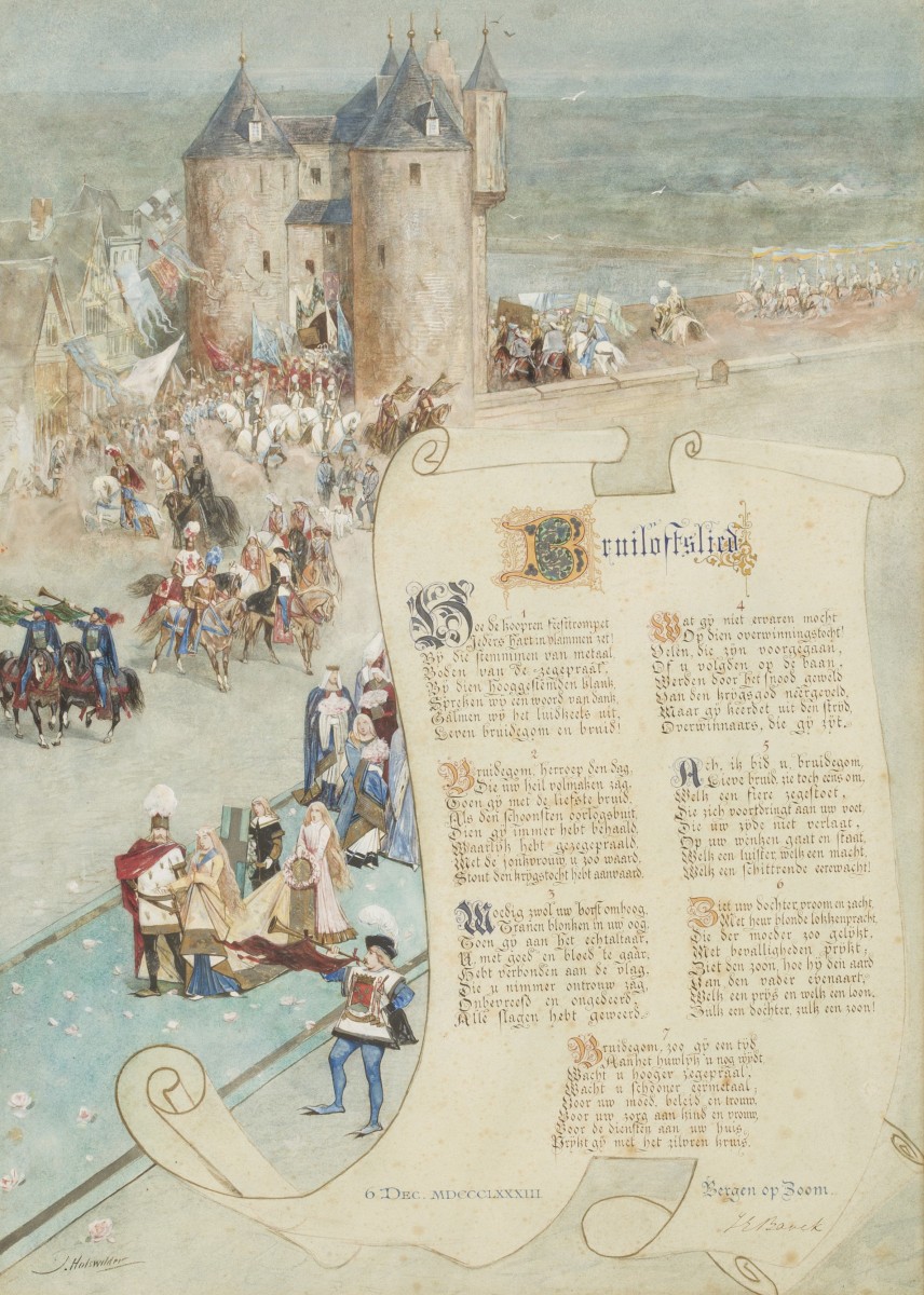 J.H. Holswilder ( Leiden 1850 - 1890 Den Haag), Illustratie bij een bruiloftslied.