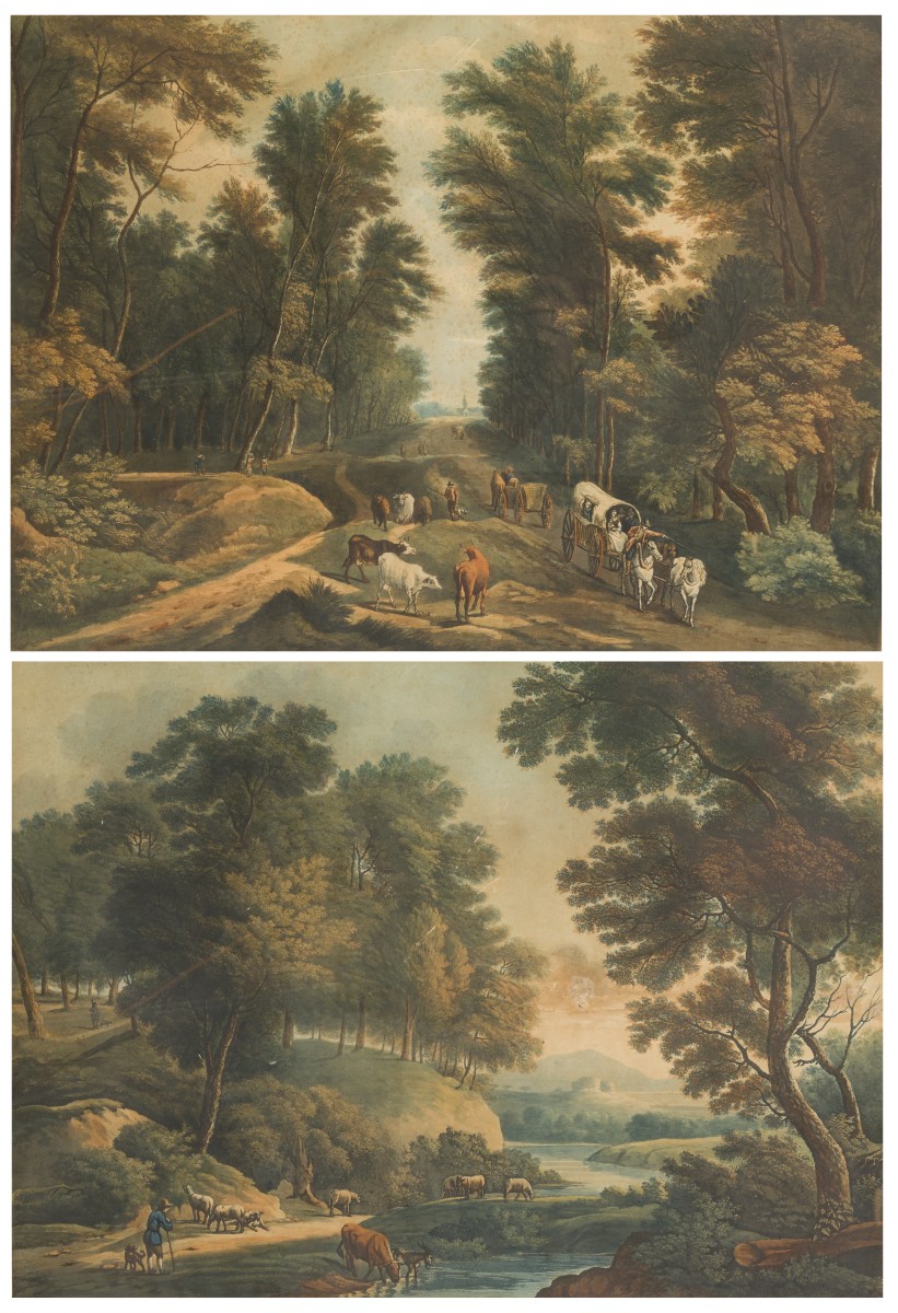 Een set van (2) gravures, ingekleurde (bos)landschappen, Engeland.