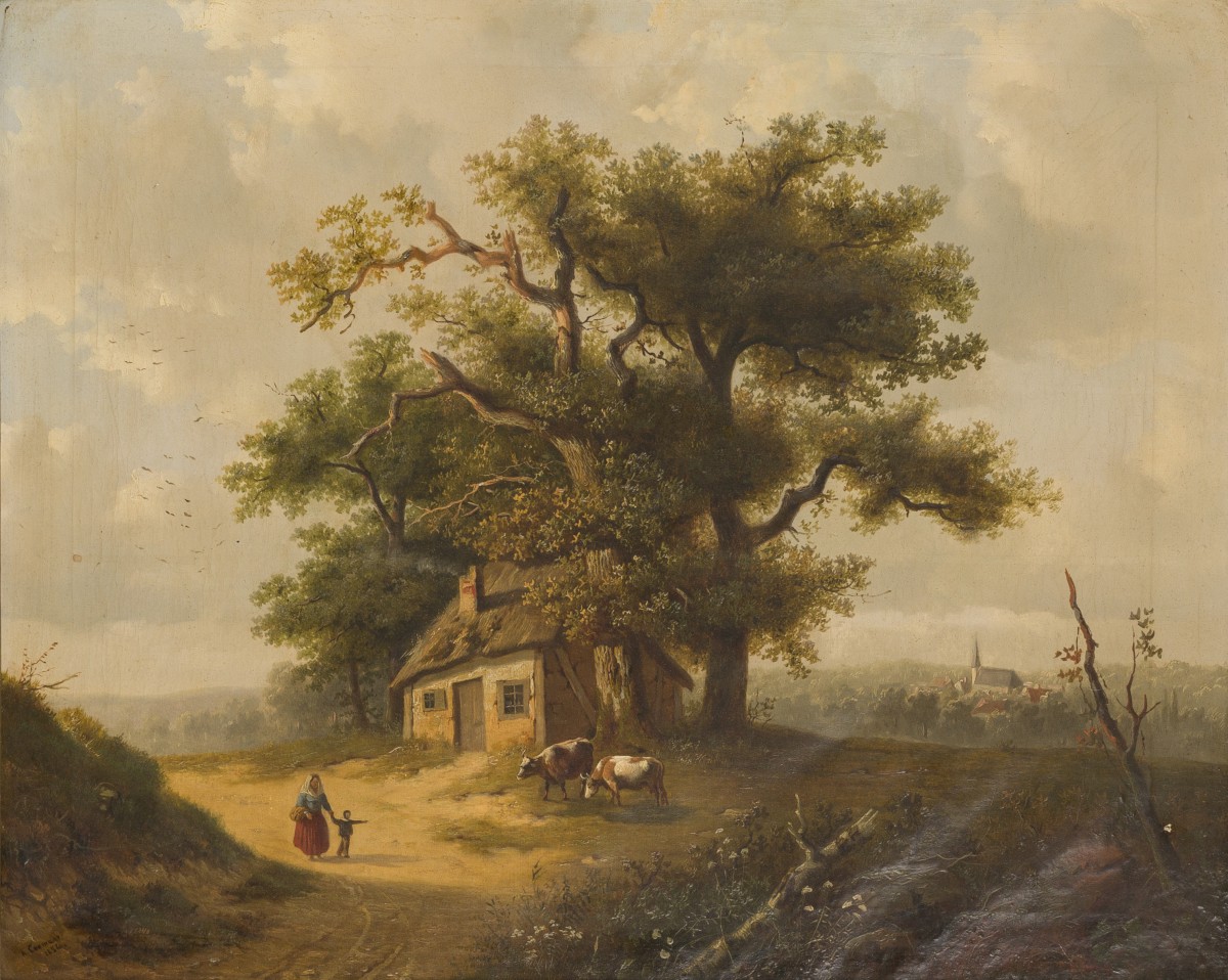A Kooymans, 19e eeuw. Wandelaars op een zandpad bij een boerenhuisje onder een oer-eik.